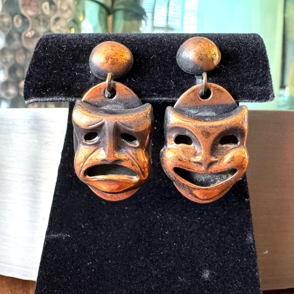 Vintage Copper Comedy and Tragedy Mask Earrings